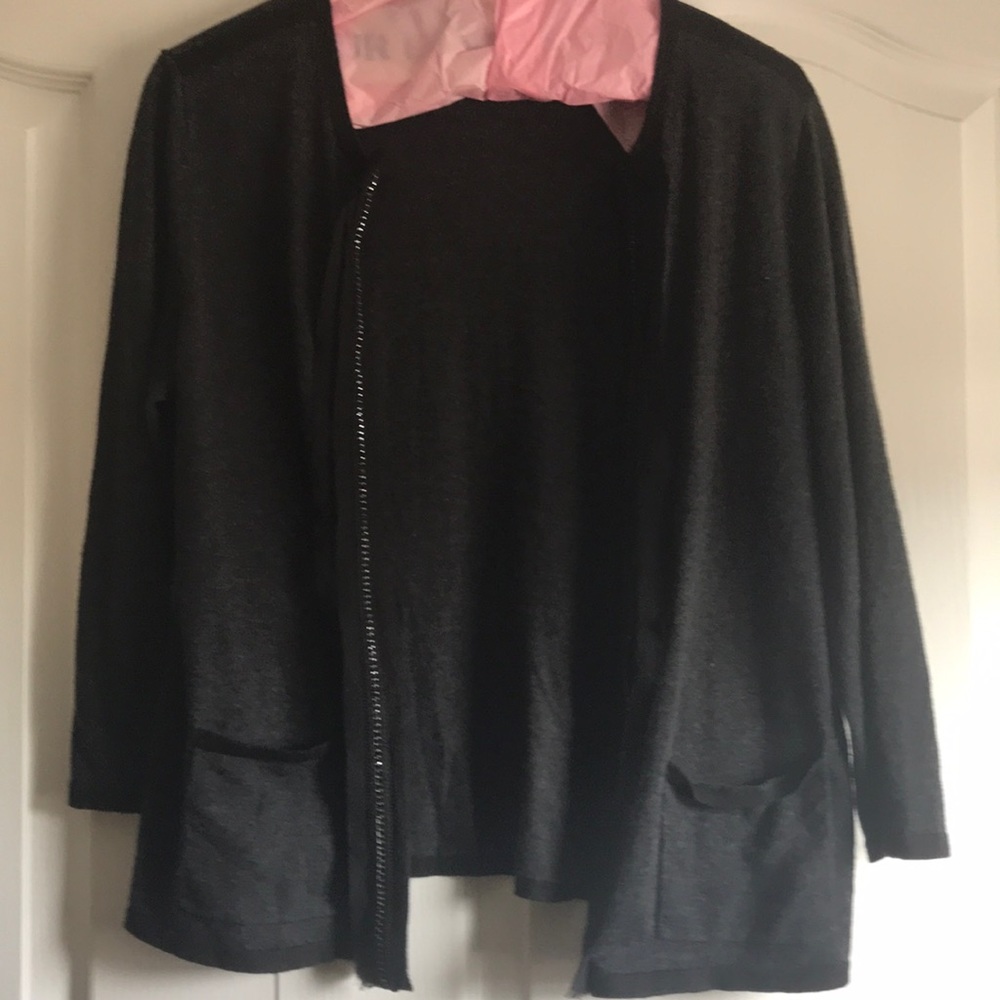 Ann Taylor cardigan grey w black trim
